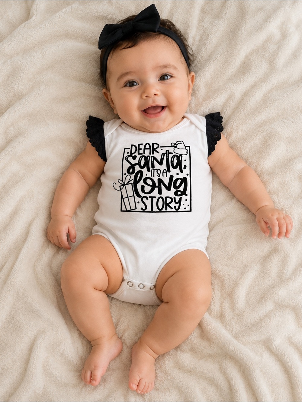 Baby Girls White One-Piece Bodysuit with Black Sleeve Accents